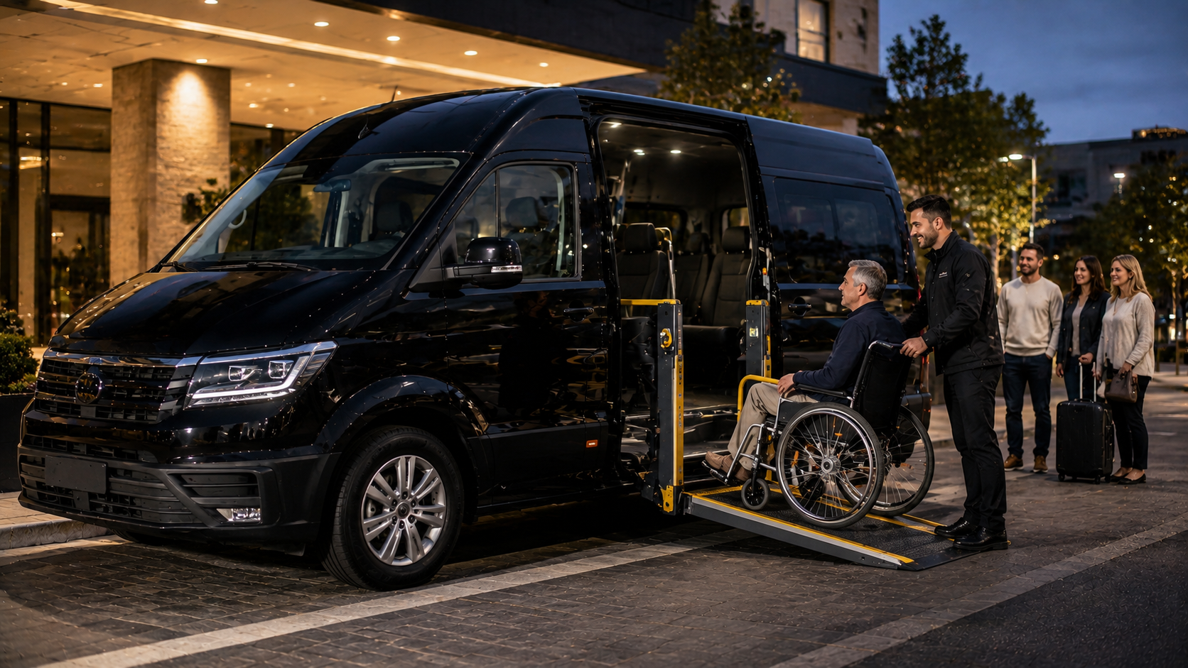 Wheelchair passenger boarding Maxi accessible van with hydraulic ramp