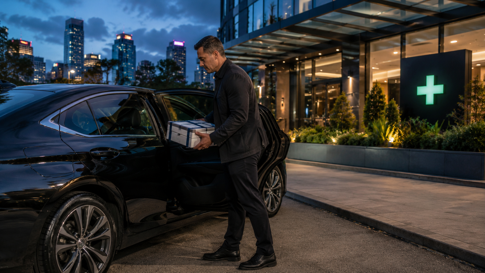 Driver delivering secure parcel outside medical centre at dusk